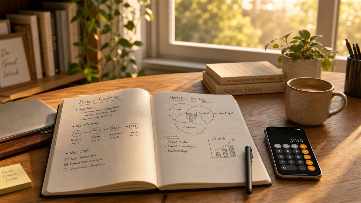 Caderno com diagramas e celular com calculadora - como funciona consorcio