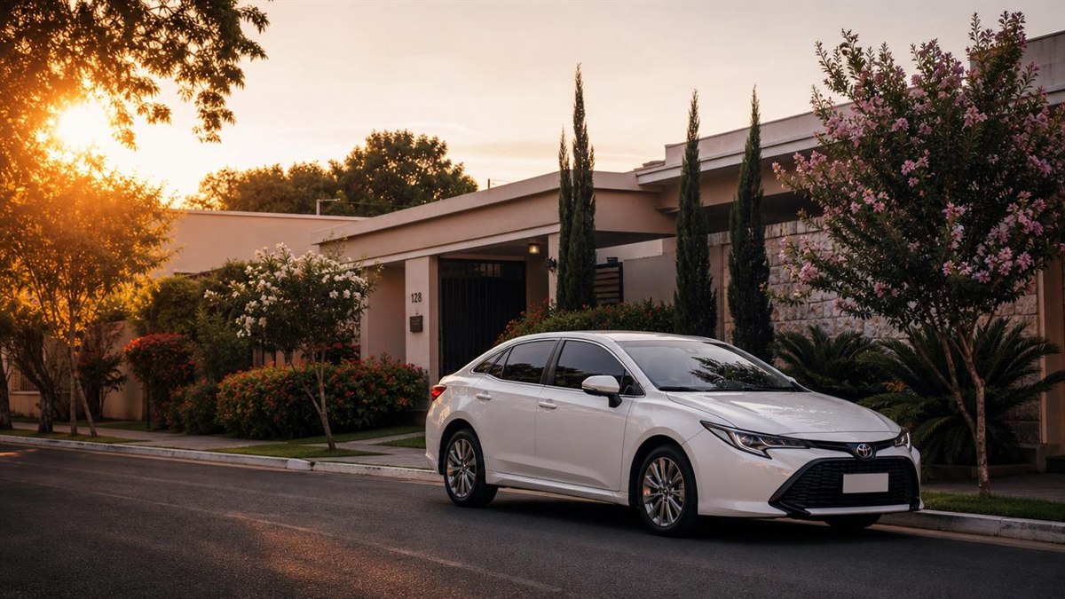 Sedan branco em frente a casa ao golden hour - consorcio Porto auto