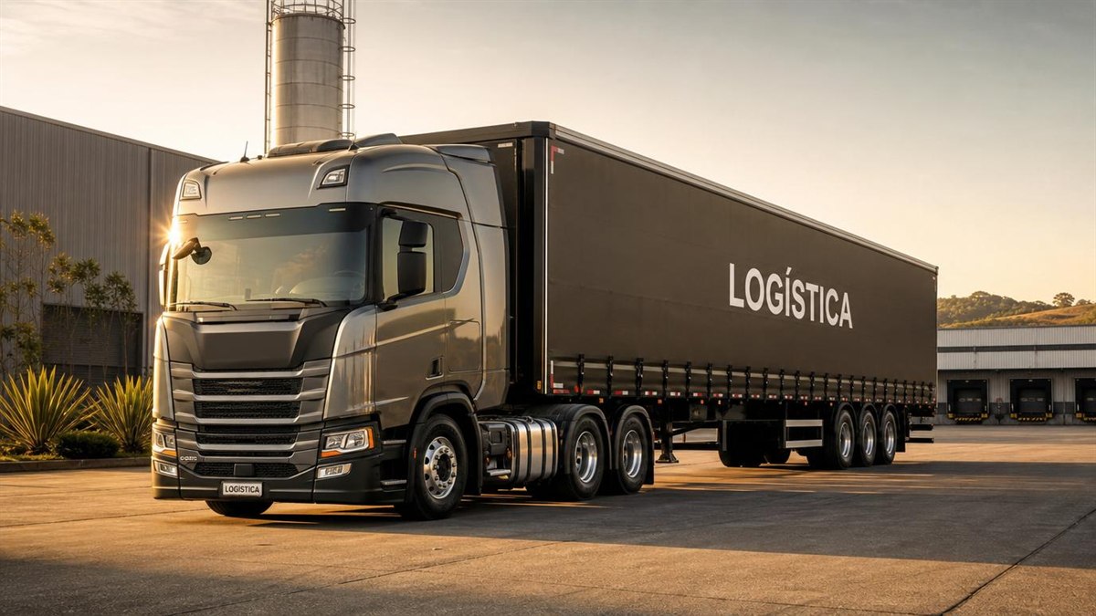 Caminhao pesado e carreta em patio logistico ao golden hour - consorcio Porto pesados