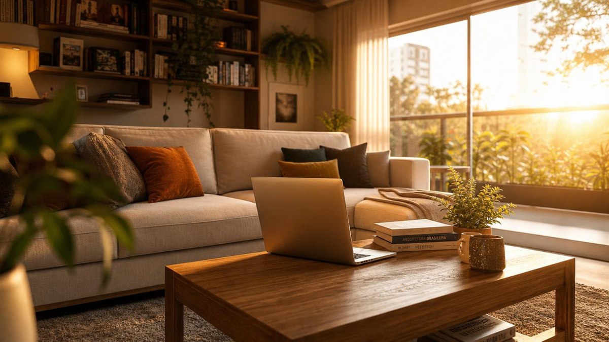 Sala de estar com laptop em mesa de centro ao golden hour - consorcio Porto confiavel