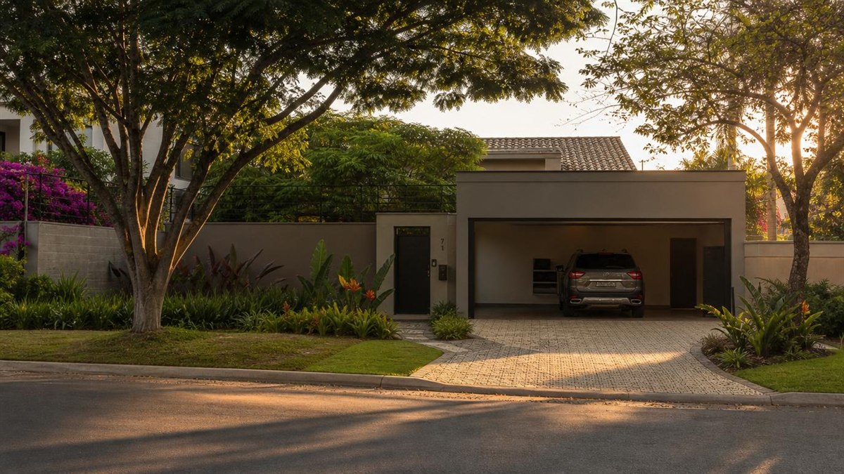Casa de familia com carro na garagem ao golden hour - consorcio Porto Seguro