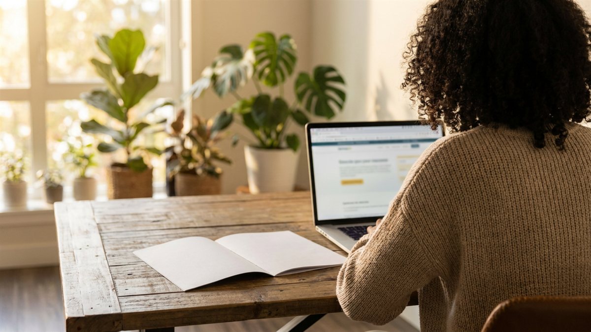 Pessoa em escritorio comparando duas opcoes de seguro com laptop ao golden hour - cooperativa vs seguradora tradicional