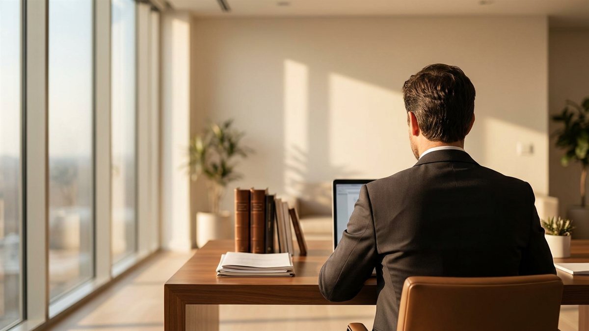 Advogado de costas em escritorio moderno trabalhando em laptop com livros juridicos ao golden hour - seguro cyber para escritorio de advocacia