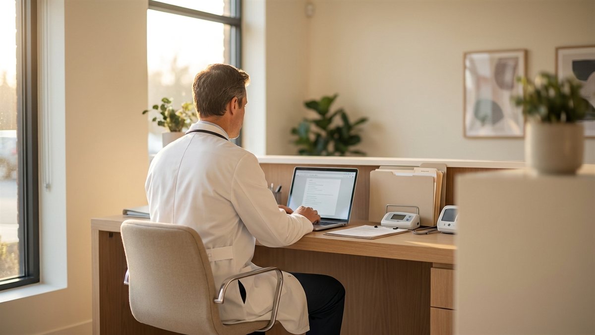 Medico de costas em recepcao de clinica moderna trabalhando em laptop ao golden hour - seguro cyber para clinica medica LGPD
