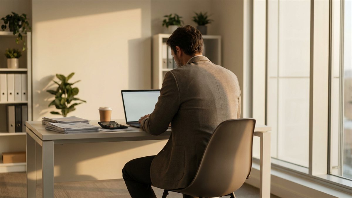 Contador de costas em escritorio moderno trabalhando em laptop com calculadora e documentos ao golden hour - seguro cyber para contador