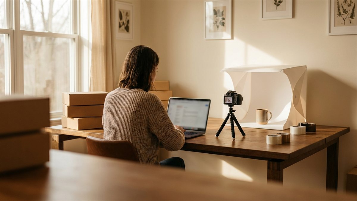 Lojista de e-commerce de costas trabalhando em laptop com caixas de produtos ao golden hour - seguro cyber para loja online