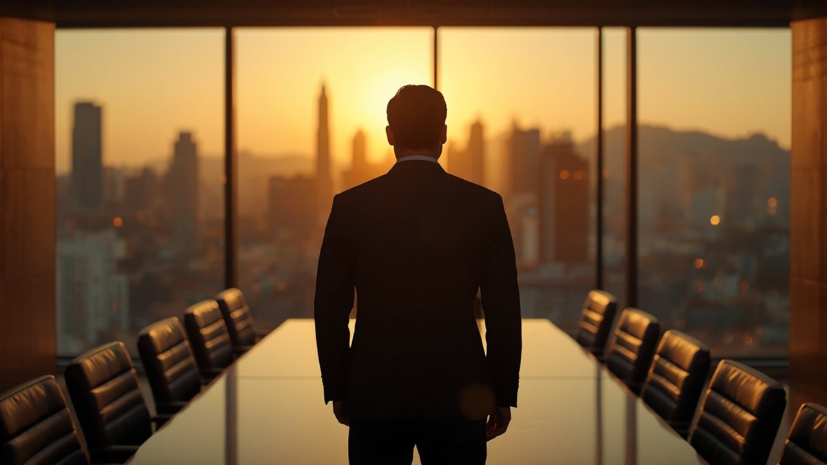 Executivo em sala de conselho corporativa com vista de Sao Paulo - Seguro Cyber Empresa Grande
