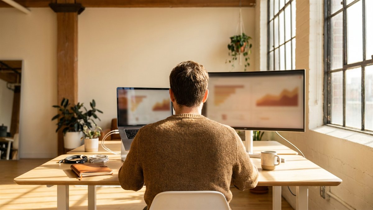 Founder de fintech startup de costas trabalhando em laptop e monitor em coworking moderno ao golden hour - seguro cyber para fintech e startup