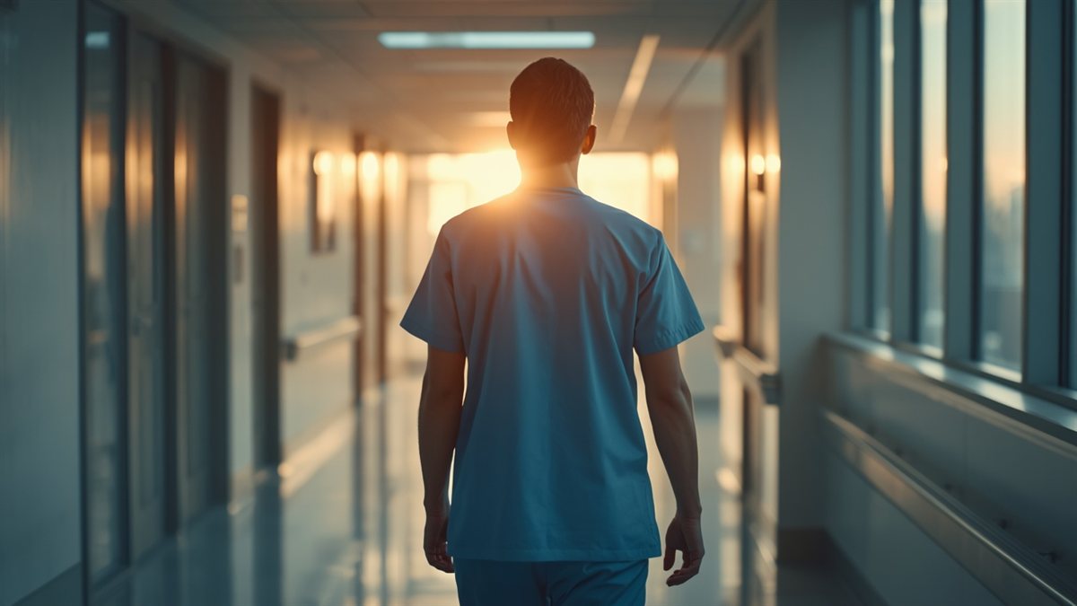 Administradora hospitalar em corredor moderno de hospital ao por do sol - Seguro Cyber Hospital