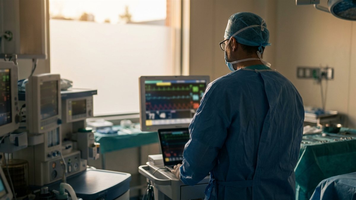 Anestesiologista de costas em sala de cirurgia moderna acompanhando equipamentos ao golden hour - RC profissional para anestesista