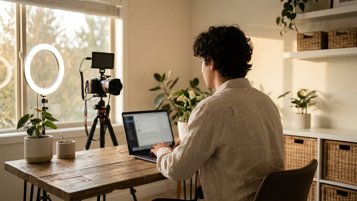 Creator influenciador de costas em escritorio criativo com camera ring light laptop ao golden hour - RC profissional para influenciador digital