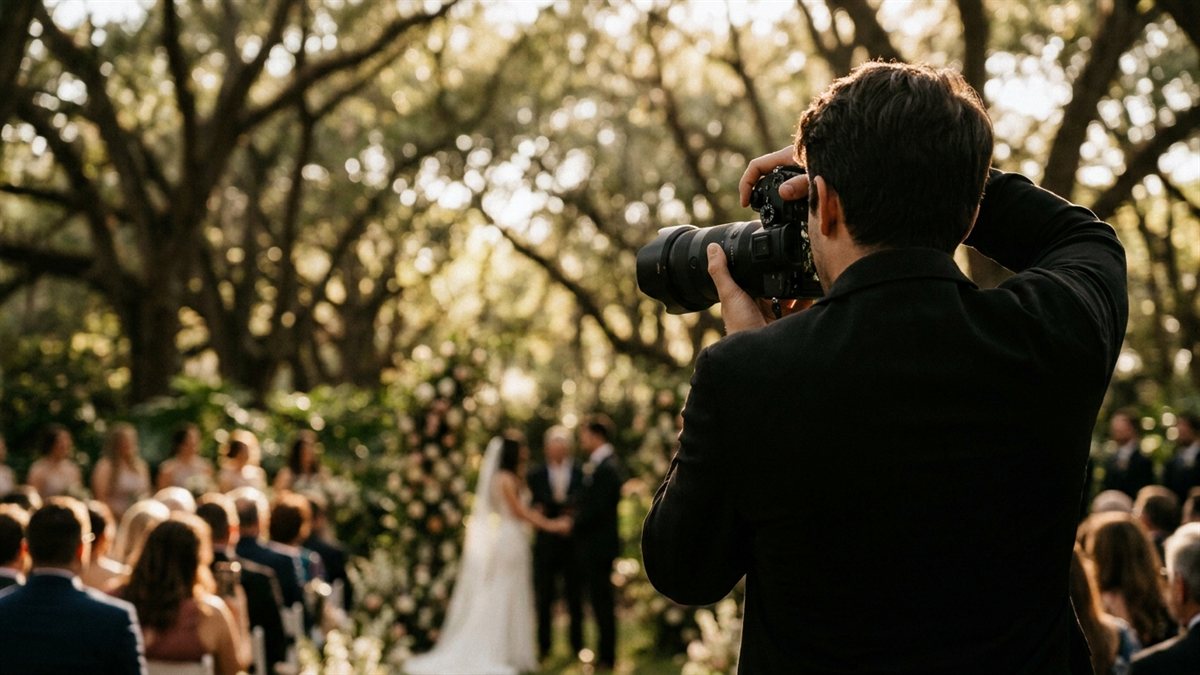 Fotógrafo profissional segurando câmera mirrorless em casamento ao golden hour