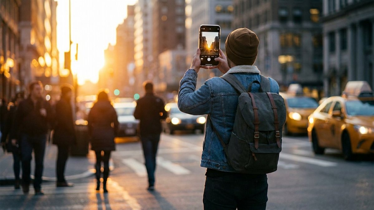 Pessoa usando smartphone em rua urbana ao golden hour