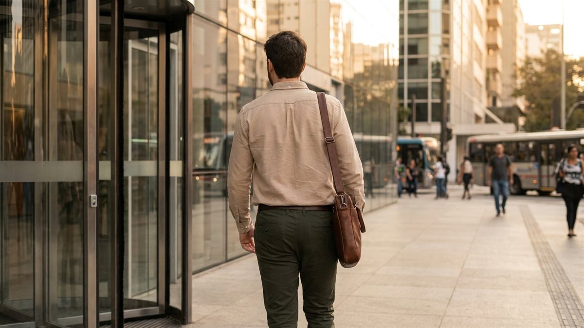 Jovem estagiario de costas entrando em predio comercial moderno em SP ao golden hour - seguro estagiario Porto Vida