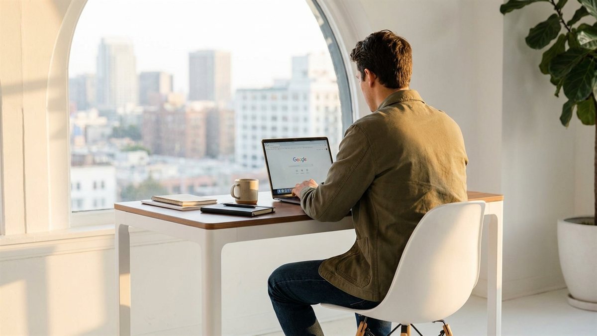Designer trabalhando em MacBook em mesa minimalista ao golden hour, ambiente creative premium