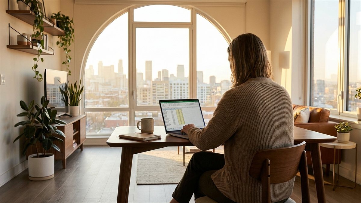 Profissional trabalhando em home office com notebook ao golden hour, escritório moderno e iluminado