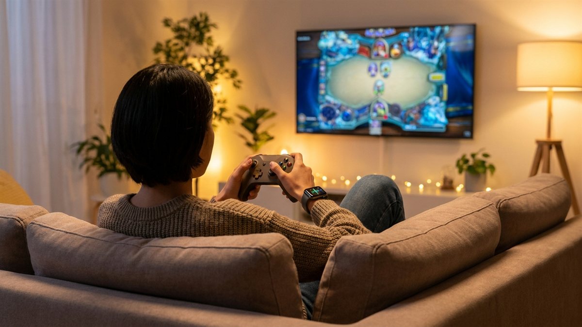 Pessoa jogando videogame em sofá com smartwatch e controle