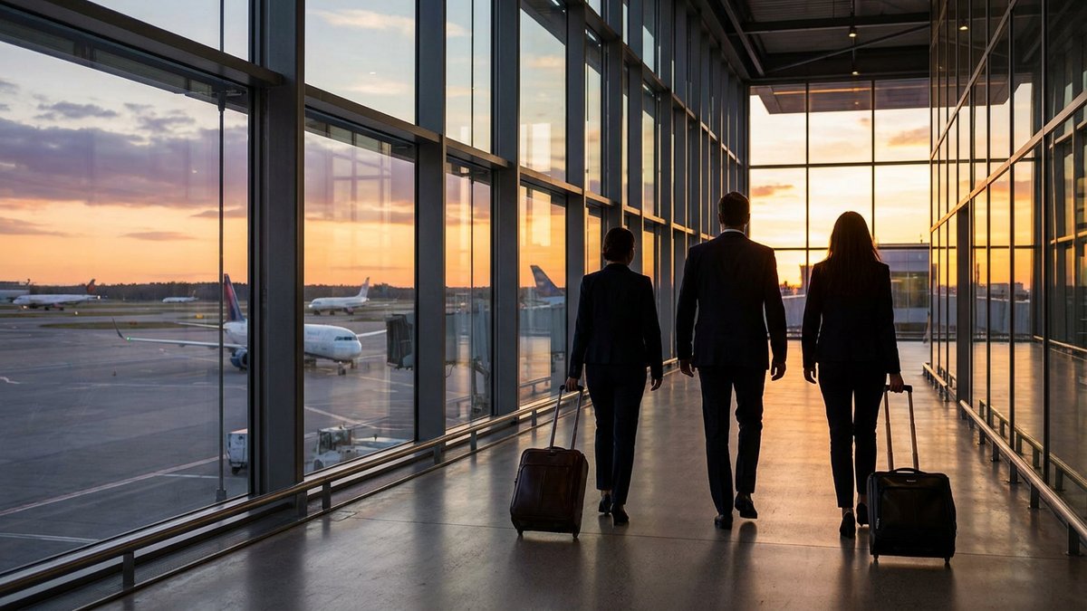 Equipe de executivos em corredor de aeroporto - Seguro Viagem Corporativo B2B pela Rio Rubio Corretora SP