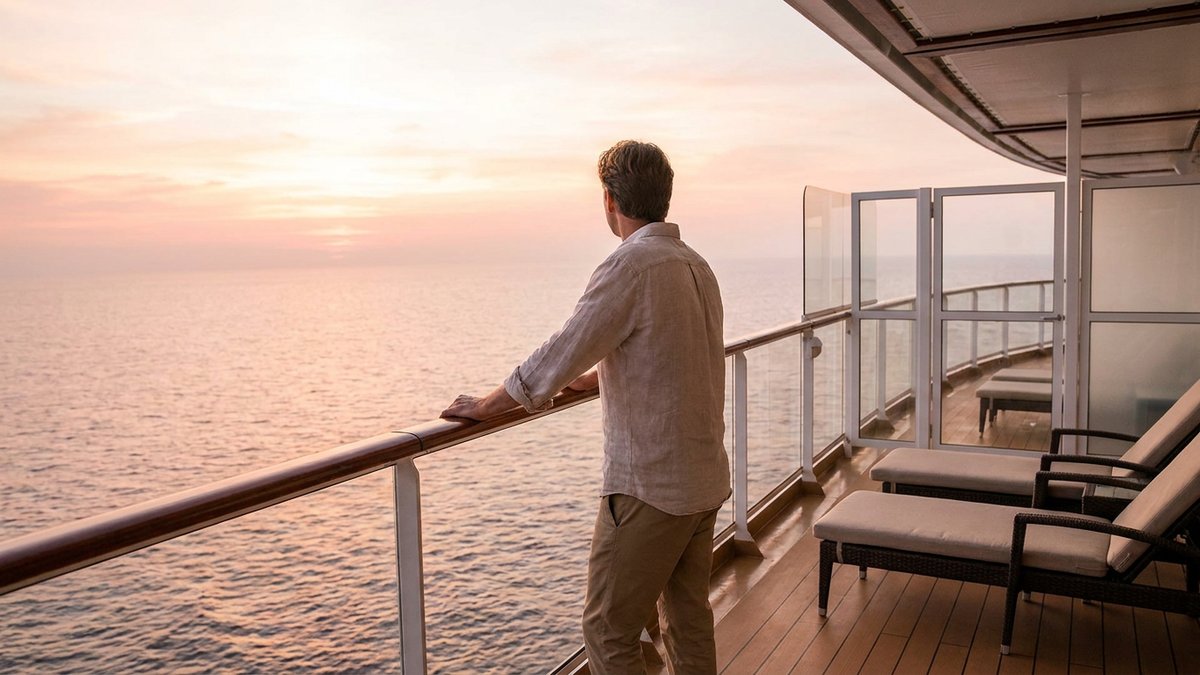 Pessoa no deck de navio de cruzeiro ao pôr do sol - Seguro Viagem Cruzeiro Marítimo pela Rio Rubio Corretora SP