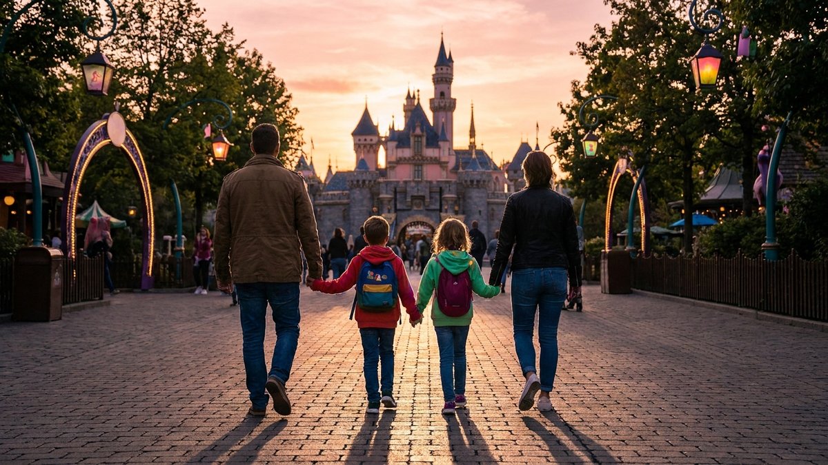 Família entrando em parque de diversões ao pôr do sol - Seguro Viagem Disney Orlando pela Rio Rubio Corretora SP