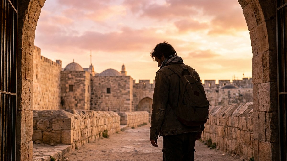 Peregrino caminhando em direção a Jerusalém ao golden hour - Seguro Viagem Israel Terra Santa pela Rio Rubio SP