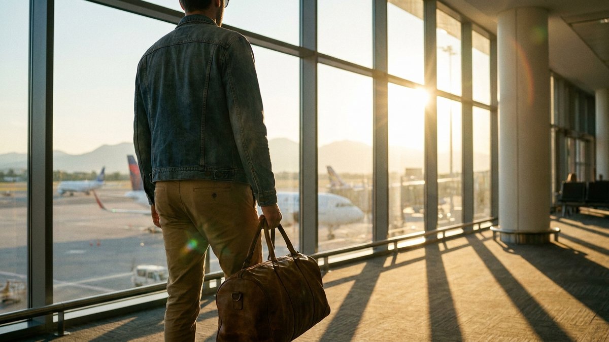Viajante em aeroporto internacional ao golden hour - Seguro Viagem Porto pela Rio Rubio Corretora SP
