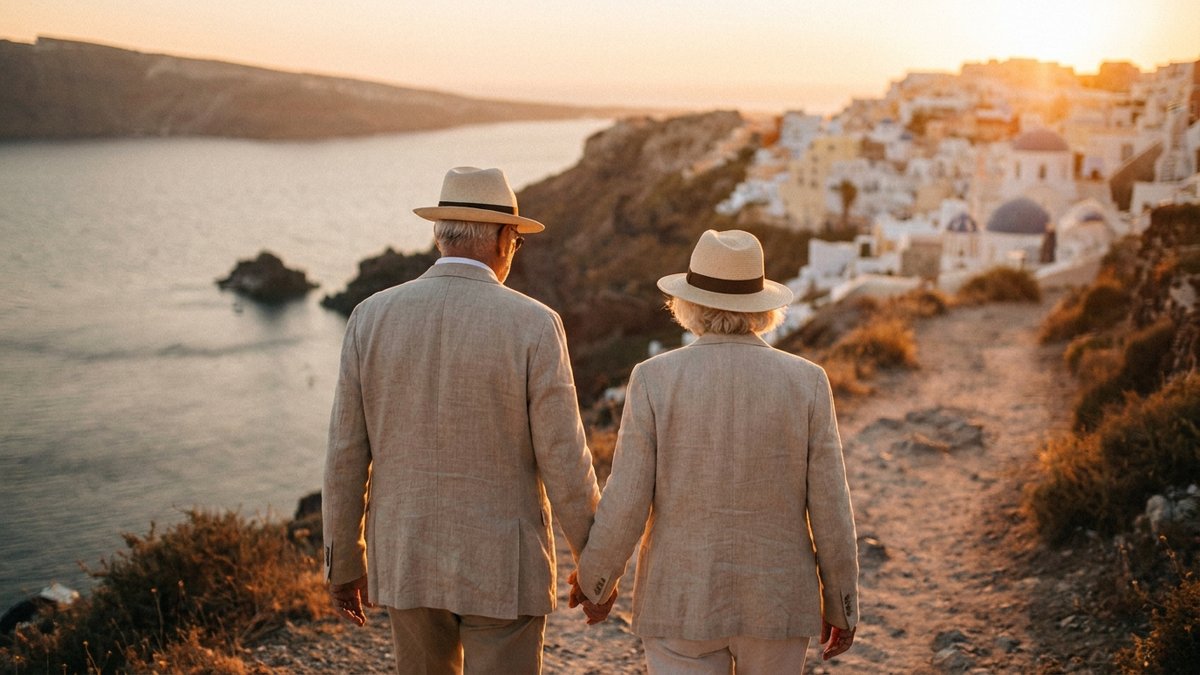 Casal idoso caminhando em paisagem mediterrânea - Seguro Viagem Terceira Idade 65+ pela Rio Rubio Corretora SP