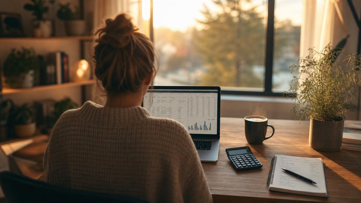 Pessoa de costas com laptop e planilhas financeiras - simulacao consorcio Porto