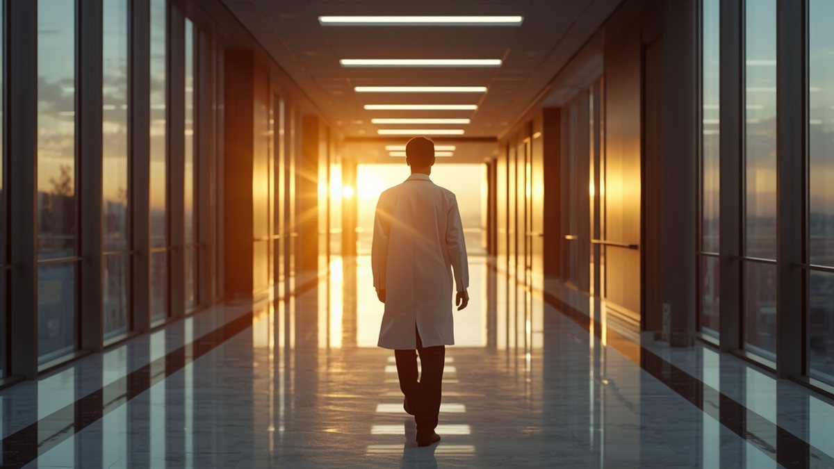 Profissional de saude com jaleco branco de costas em corredor de hospital alto padrao com piso de marmore ao golden hour