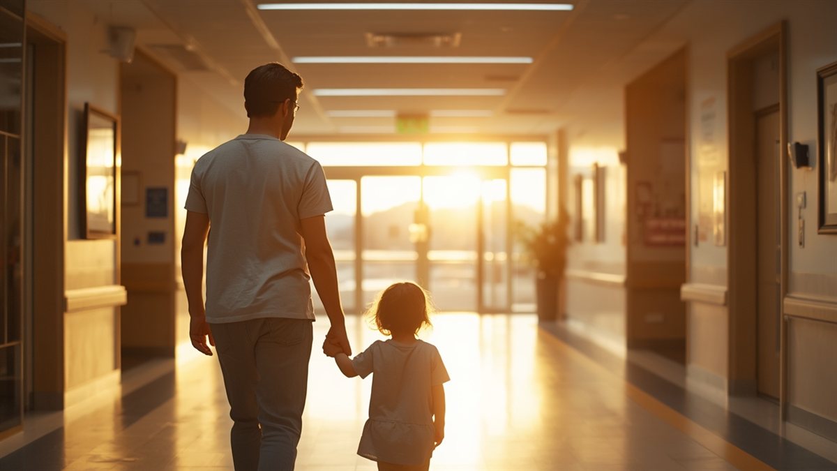 Familia jovem de costas em recepcao de hospital moderno acessivel com madeira clara ao golden hour