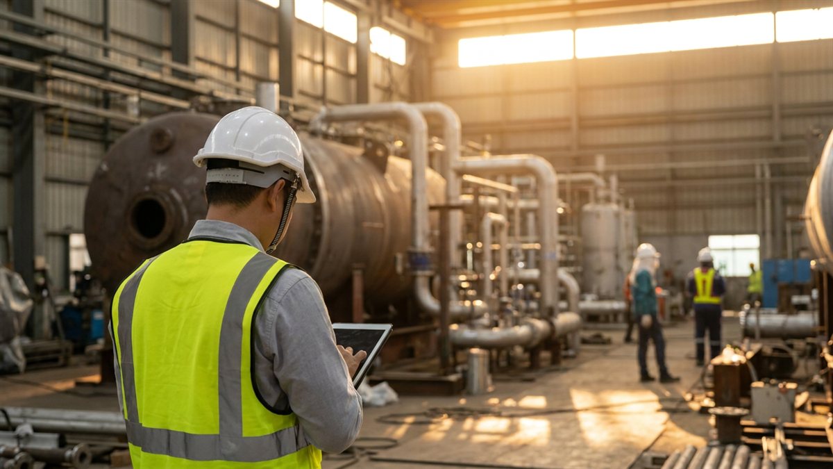 Engenheiro industrial de costas em planta fabril com maquinas e tubulacoes em montagem ao golden hour