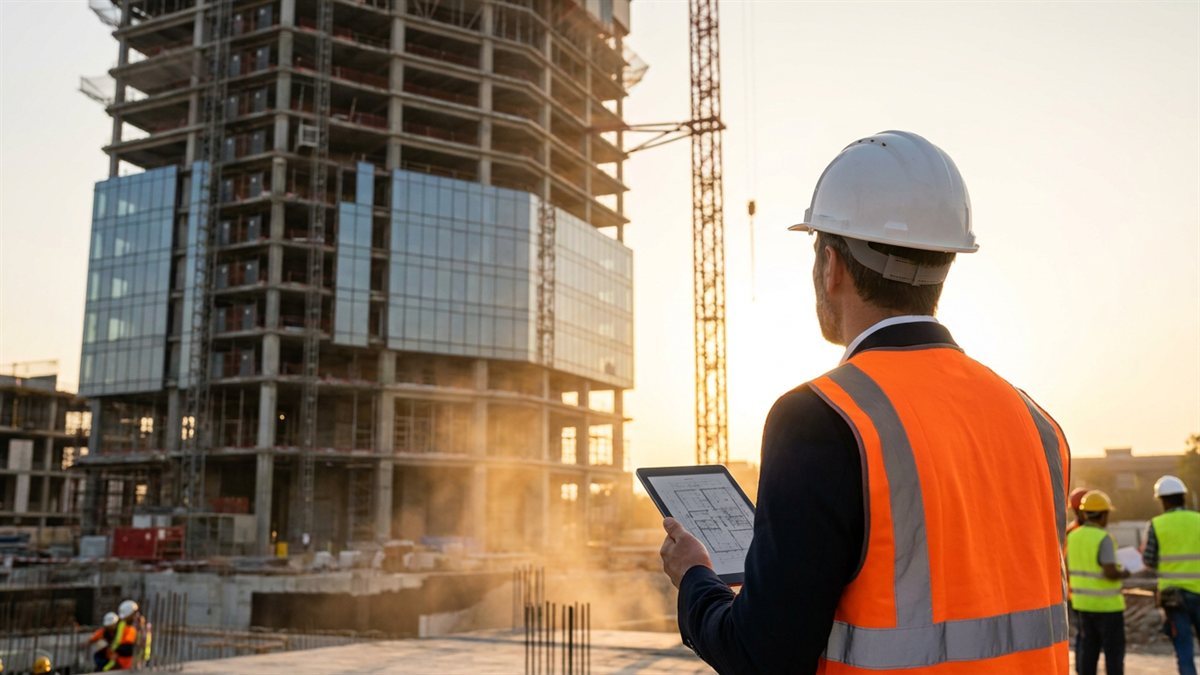 Supervisor de obra de costas com capacete em canteiro de construcao predial com guindaste ao golden hour