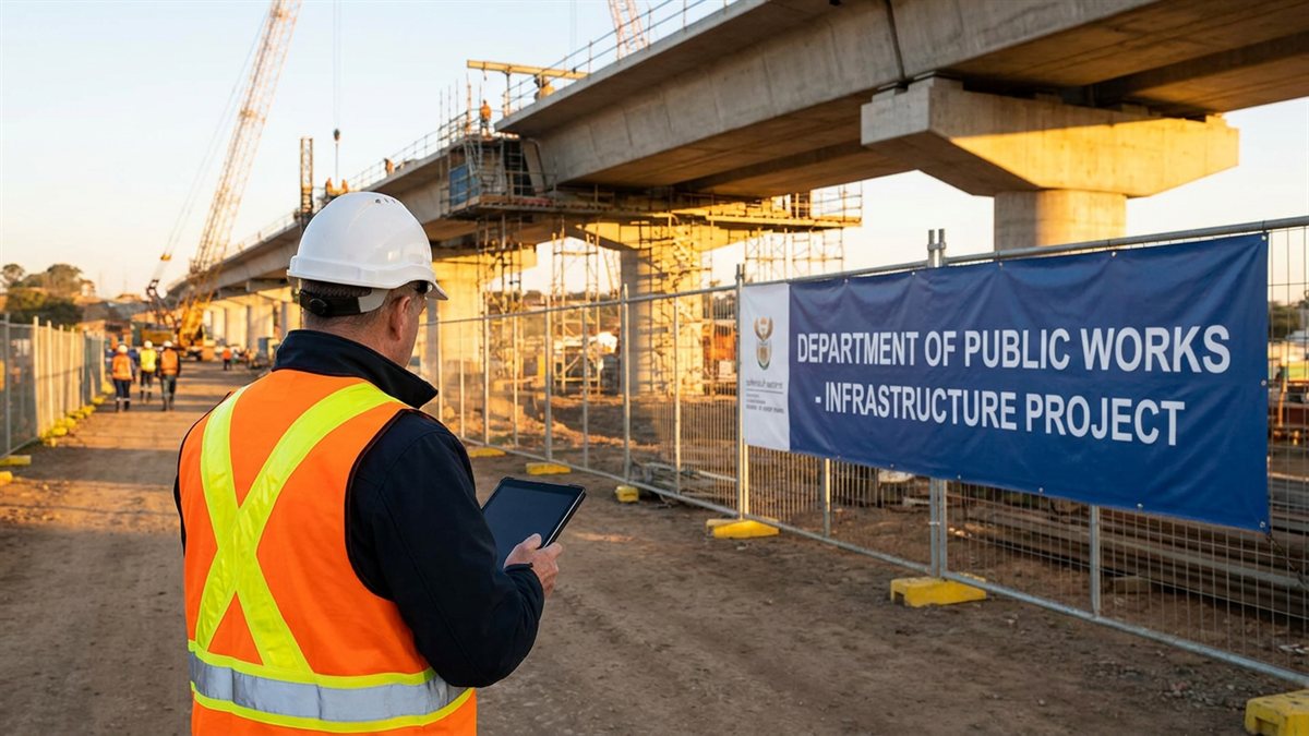 Supervisor de obra publica de costas com capacete e prancheta em canteiro de infraestrutura golden hour