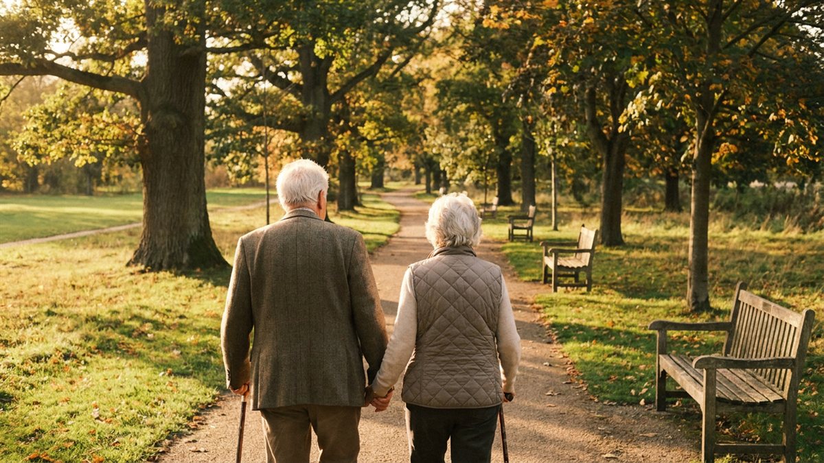 Casal aposentado de costas caminhando em parque ensolarado com arvores ao golden hour