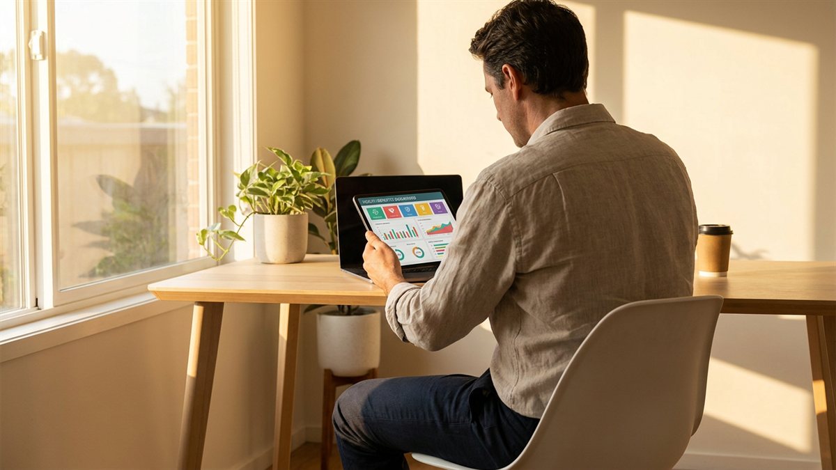 Empresario PME de costas em escritorio moderno com tablet mostrando dashboard saude ao golden hour