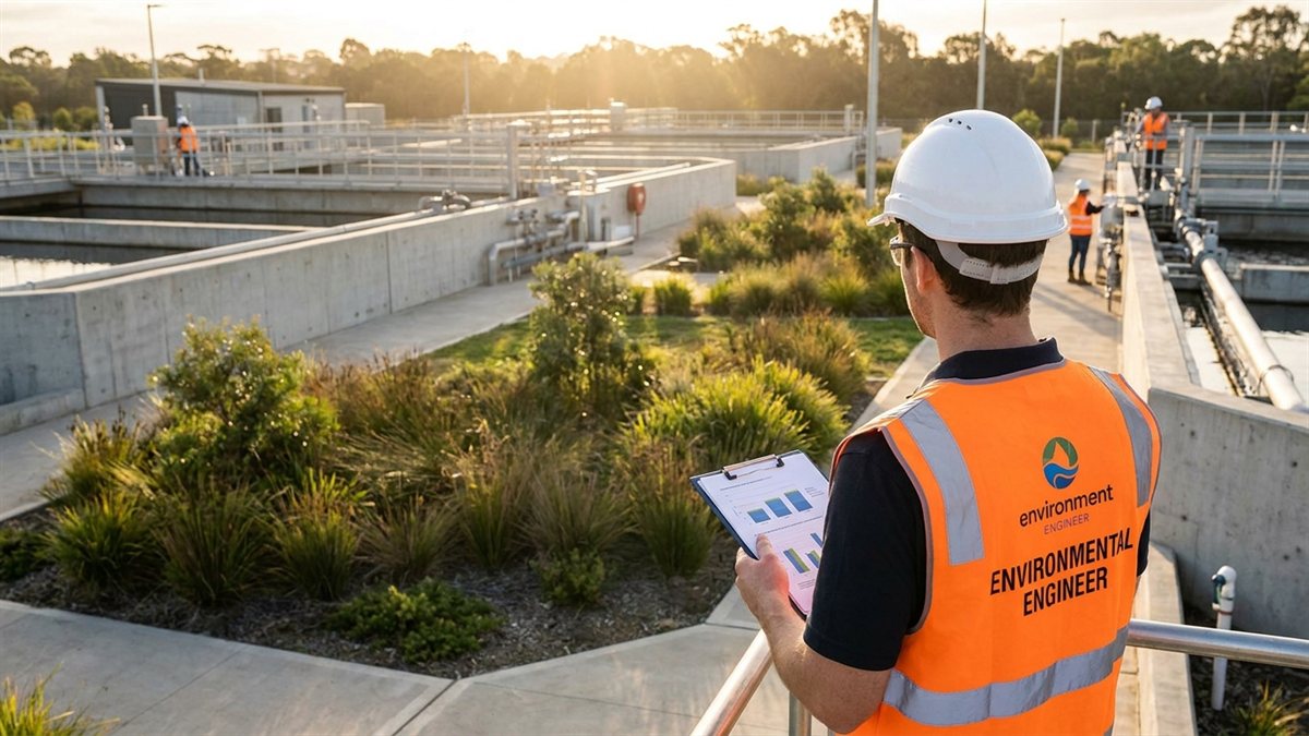 Engenheiro ambiental de costas com capacete e colete em estacao de tratamento ao golden hour