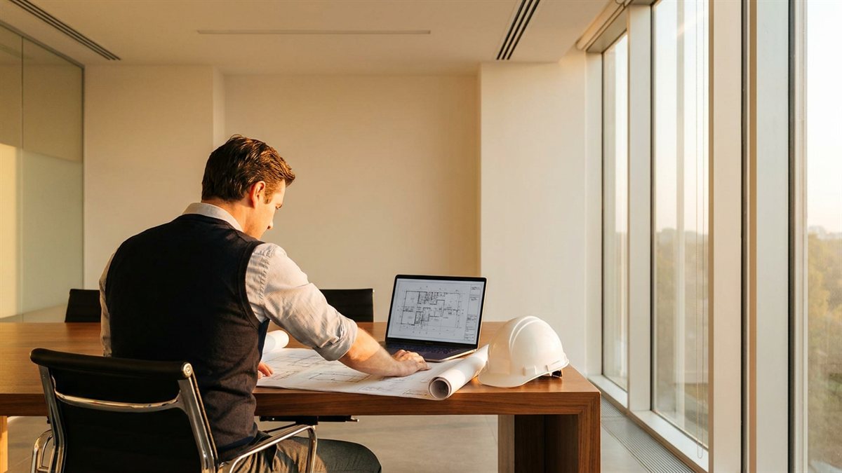 Engenheiro civil de costas no escritorio revisando planta arquitetonica com laptop e capacete sobre mesa golden hour