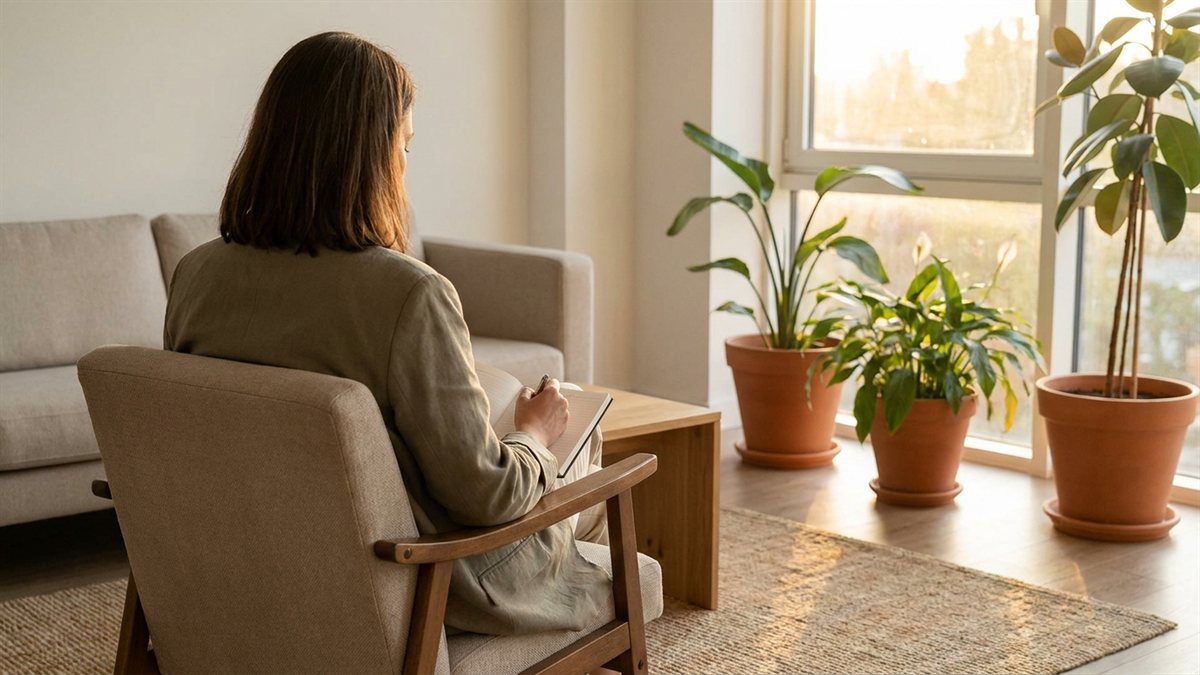 Profissional psicologa em consultorio com poltrona caderno e luz natural ao golden hour
