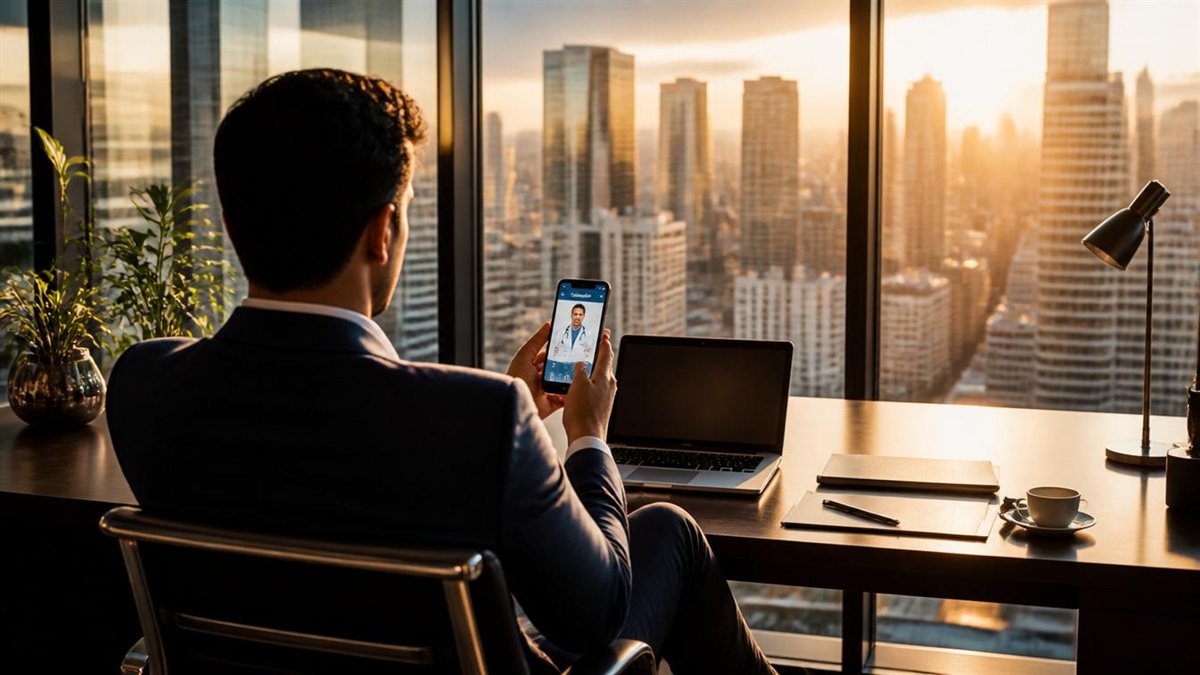 Executiva de costas em mesa de escritorio corporativo segurando smartphone com app de telemedicina ao golden hour