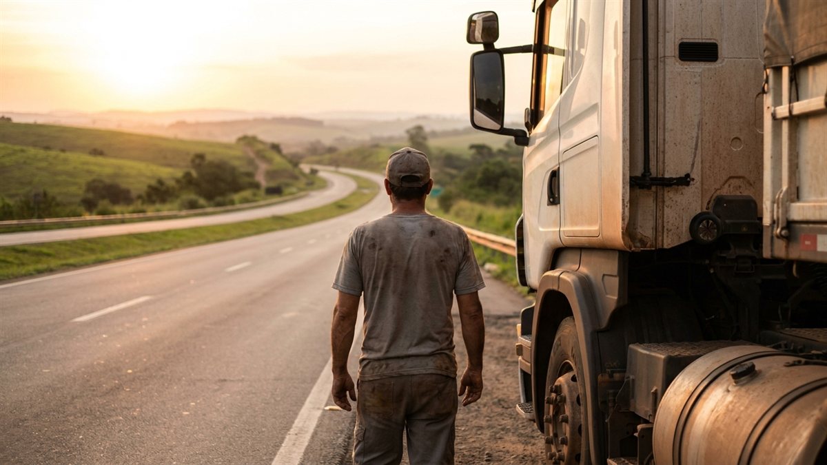 Caminhoneiro de costas em parada de rodovia ao golden hour - seguro de vida para caminhoneiro autonomo Brasil