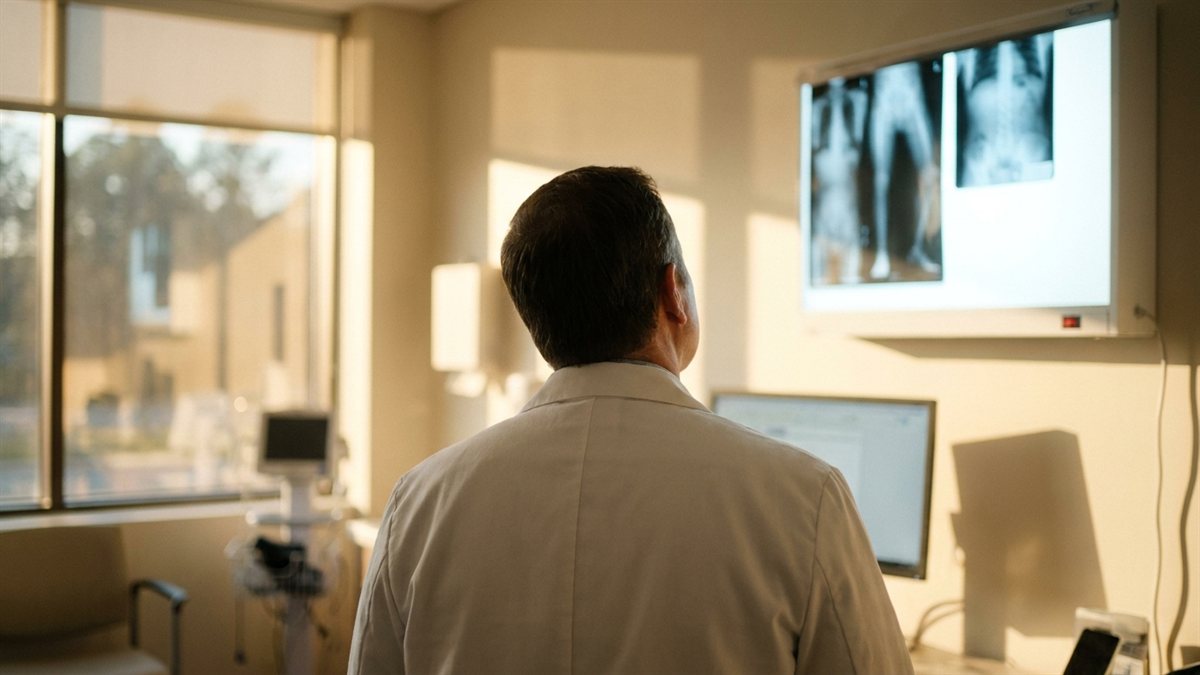 Cirurgiao ortopedista de costas em consultorio moderno revisando imagem radiologica ao golden hour - seguro de vida para ortopedista com cobertura das maos cirurgicas