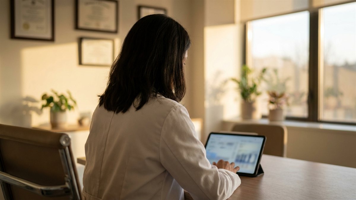 Medico estetico de costas em consultorio minimalista revisando ficha de paciente em tablet ao golden hour - seguro de vida e RC profissional medico estetico injetavel