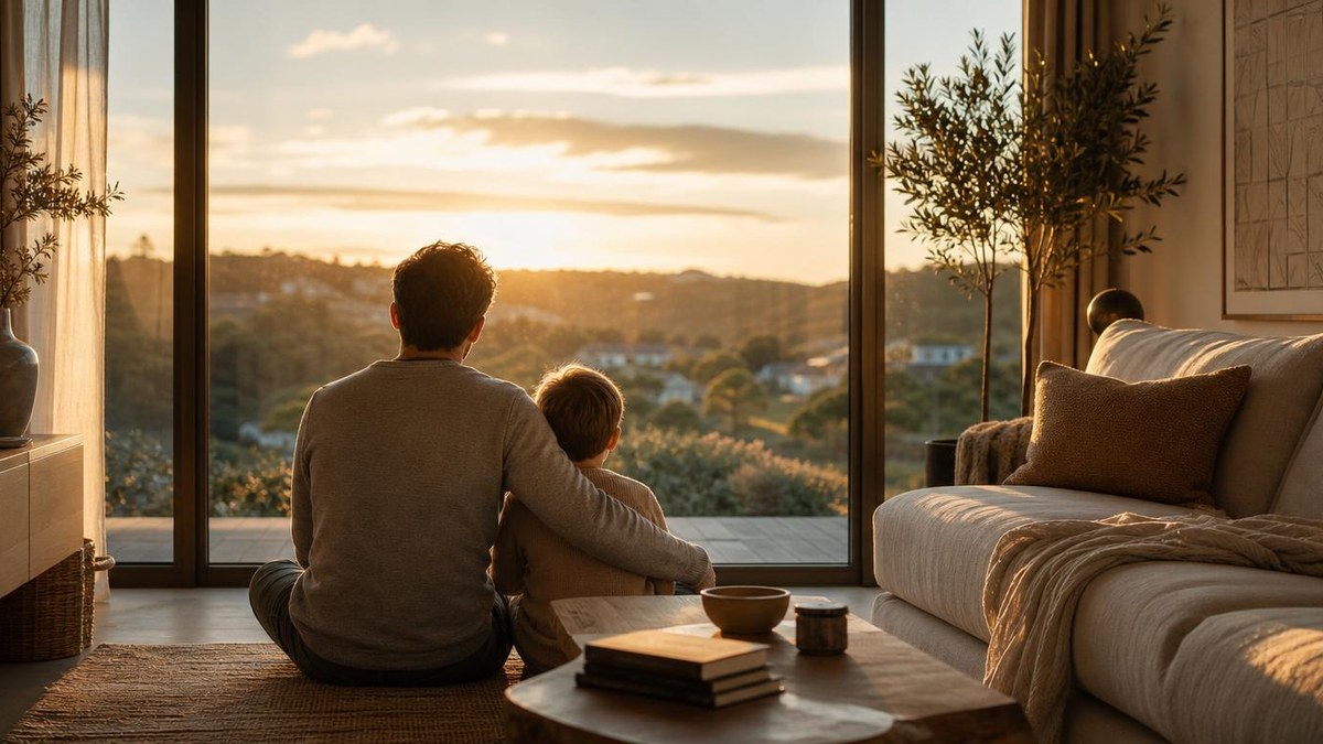 Família vista de trás olhando pela janela ao entardecer, proteção do seguro de vida
