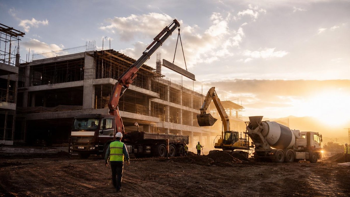 Frota de construtora com caminhão munck, escavadeira e betoneira