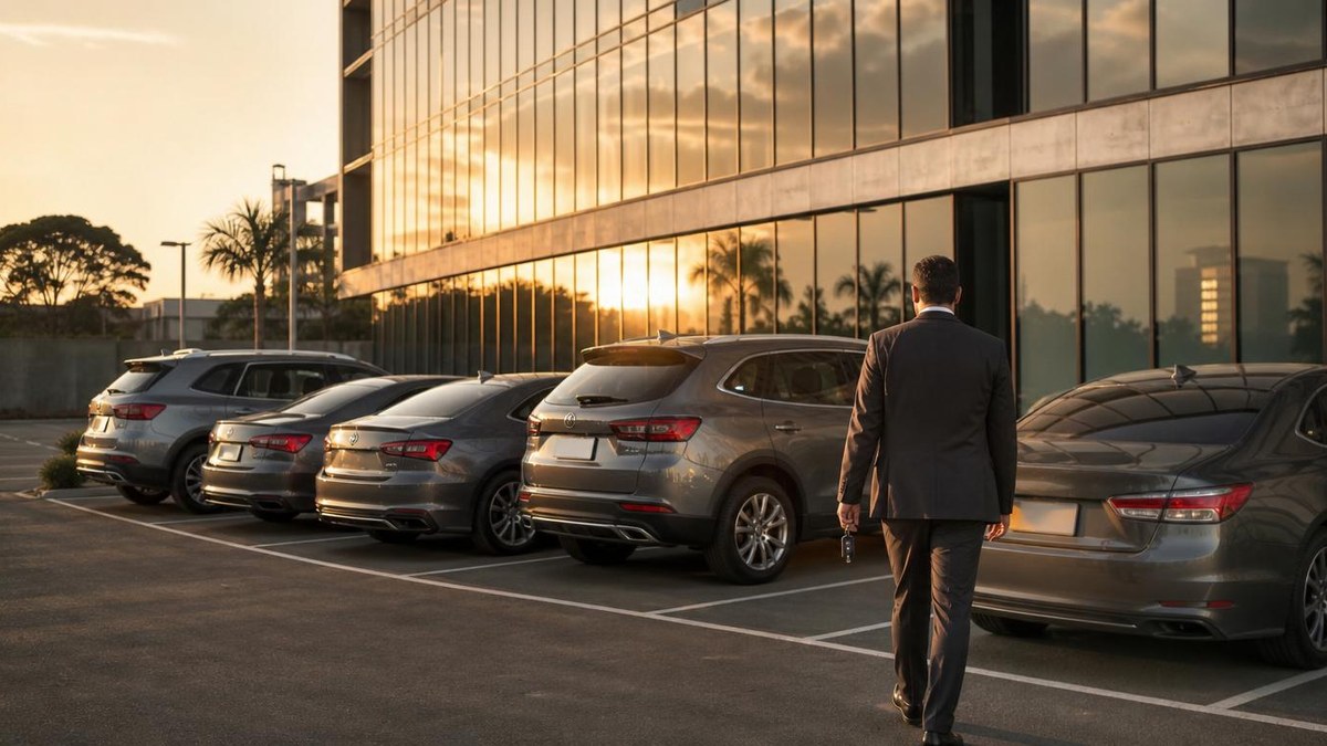 Frota de carros de empresa em estacionamento corporativo