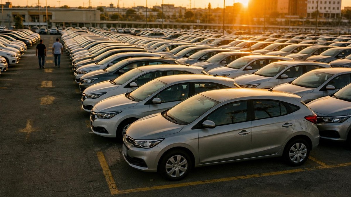 Frota de locadora de veículos em pátio ao fim de tarde