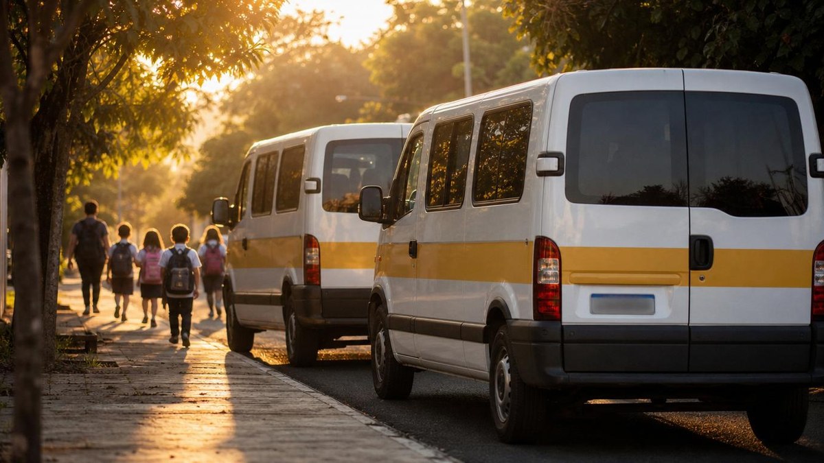 Frota de vans escolares em rua residencial pela manhã